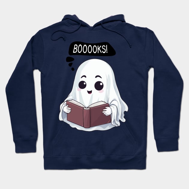 Kawaii Halloween Ghost 'BOOOOKS' - Spooktacular Reading Fun Hoodie by Rishirt